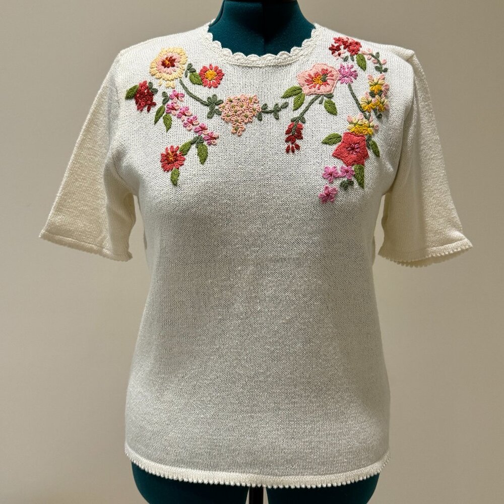 Susan Bristol Womens Short Sleave Sweater with Floral Hand Embroidery